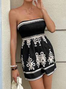 SHEIN Essnce 女士夏季度假服装 - 2025 黑色几何印花抹胸连体裤，带褶饰腰部和可调节抽绳，波西米亚风连体裤，适合海滩派对、周末度假和休闲街头风格，女士夏季时尚必备品