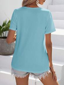 EMERY ROSE 女士纯色撞色蕾丝 V 领短袖休闲 T 恤 - 淺藍色 - 查看 2