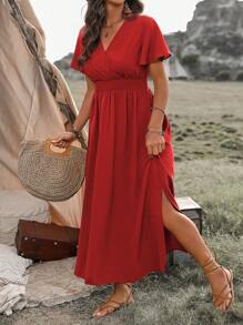 EMERY ROSE Plus Size V-Neck Cinching Waist Split Batwing Sleeve Dress Maxi Women Outfit - Red - View 6