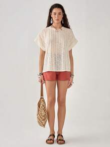 Florisole Bohemian Casual Vacation Solid Color Hollow Out Round Neck Raglan Sleeve T-Shirt For Women