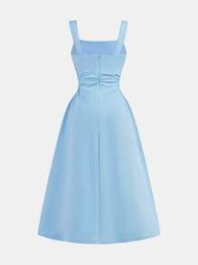 SHEIN Tween Girl's gebreide effen kleur vierkante hals gerimpelde casual elegante brede band mid-lengte jurk