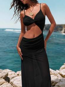 Opulessa Robe maxi élégante et sexy pour femme, tenue d'été pour vacances, en maille ajourée, à bretelles spaghetti et dos nu, disponible en couleur unie, idéale pour la plage, les festivals, les mariages, les soirées entre amis et les anniversaires - Noir - Voir 5