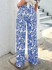 EURMUSE Blue Printed Wide Legs Pants - Blue - View 2