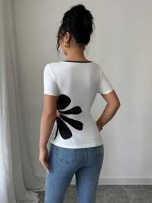 Rafferiza 方领黑白花卉印花抽绳 T 恤 - 白色 - 查看 2