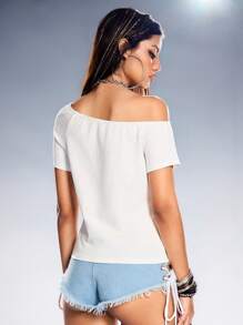 ROMWE Avant Women's Y2K Music Festival 4th Of July Asymmetric Shoulder Punk Style T-Shirt With Skull, Gun, USA Flag Rhinestone Print - White - View 4