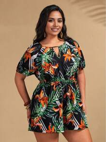 Breezaya Plus Size Vrouwen Bloemenprint V-hals Korte Mouw Jumpsuit Voor Vakantie