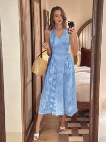 Chiquease Women's Halter Neck Casual Midi Plaid Beach Party Fitted Bustier Dress, Suitable For Wedding Guest, Vacation, Holiday