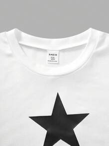 SHEIN Sparklyn Conjunto informal de 2 piezas para niñas preadolescentes con top estampado de estrellas y pantalones cargo con múltiples bolsillos - Blanco - Ver 3