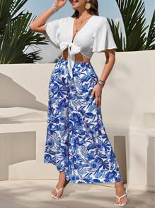 Breezaya Plus Size Holiday Casual Solid Color Crop Top & All Over Floral Print Wide Leg Pants 2 Pieces Set
