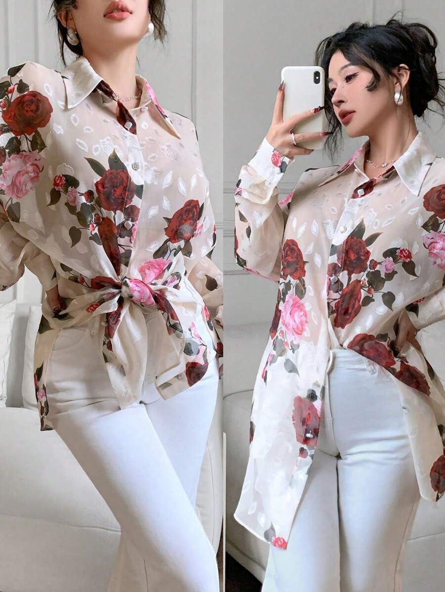 Modelyn 女士优雅花卉印花宽松落肩衬衫 - 彩色 - 查看 1