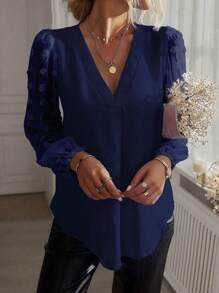 Plus Size Women Solid Color V-Neck Elegant Long Sleeve Top Fall Cloth For Women - Navy Blue - View 6