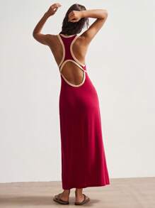 Bohemela 女式休闲度假风格拼色露背修身长款针织连衣裙 - 酒紅色 - 查看 3