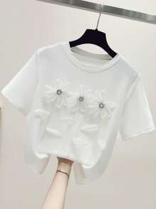 Franclia Florales Dekor Rundhals Einfarbiges Sommer Kurzarm T-Shirt, vielseitig einsetzbar