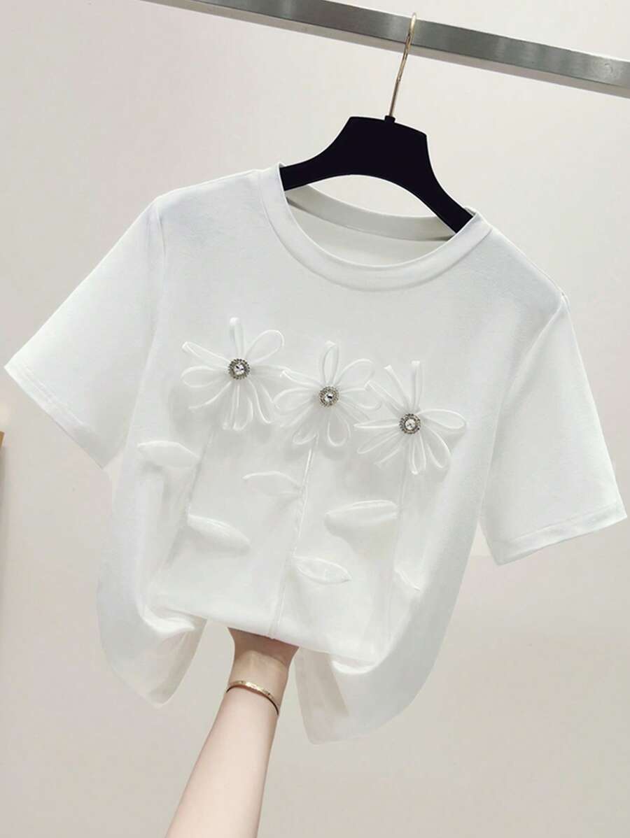 Franclia Florales Dekor Rundhals Einfarbiges Sommer Kurzarm T-Shirt, vielseitig einsetzbar