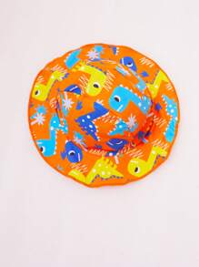 SHEIN 婴儿/幼儿可爱恐龙印花长袖前拉链防晒衣套装带太阳帽，适合水上乐园、度假、冲浪、海滩、游泳 - 橘色 - 查看 5