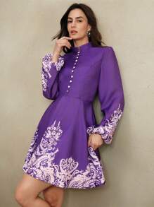 Anewsta 女士优雅印花迷你连衣裙，春秋季 - 紫色 - 查看 1