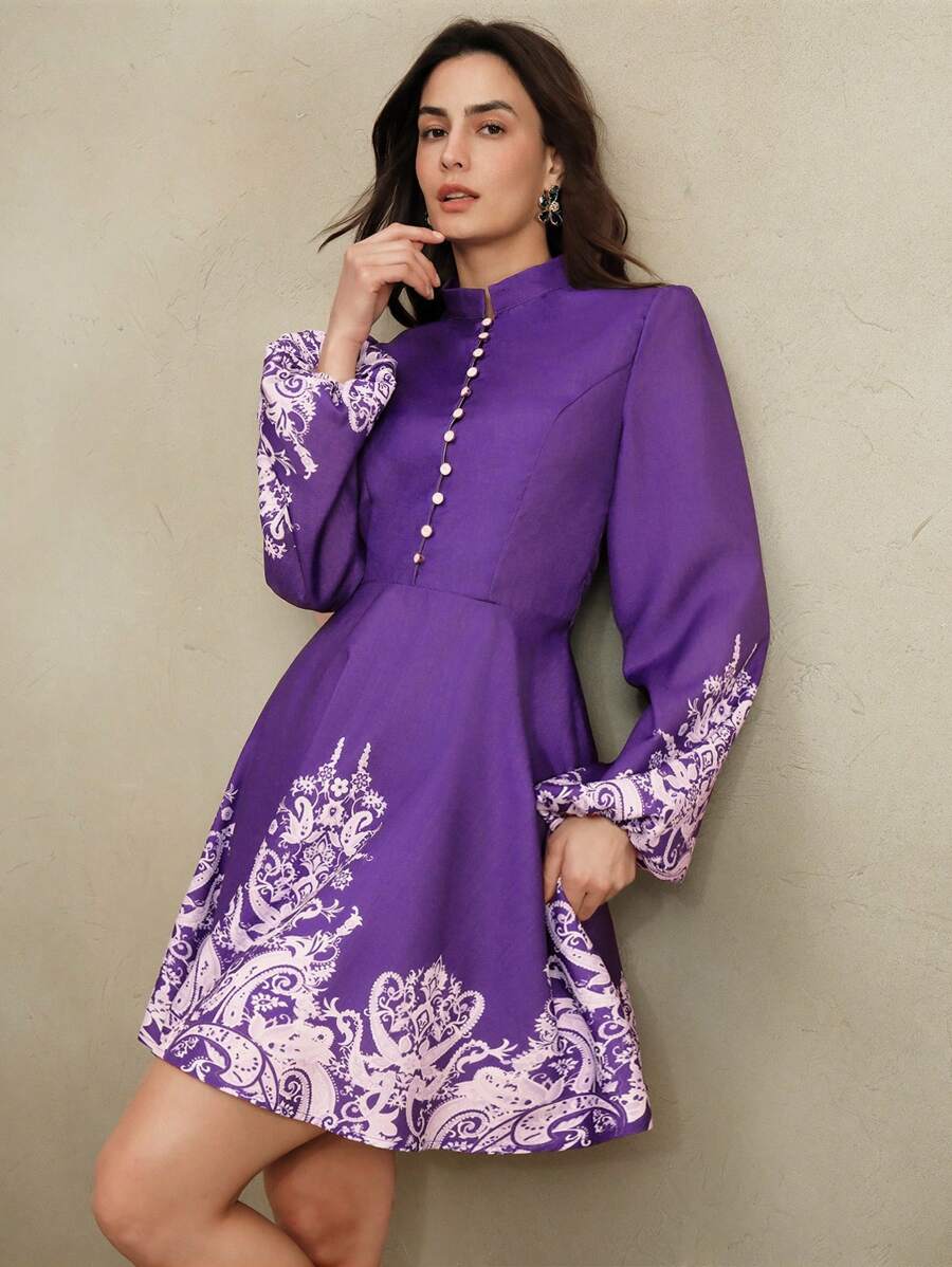 Anewsta 女士优雅印花迷你连衣裙，春秋季 - 紫色 - 查看 1