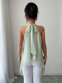 Rafferiza Women's Sleeveless Halter Mint Green Casual Blouse, Asymmetrical Hem Top For Summer - Green - View 2
