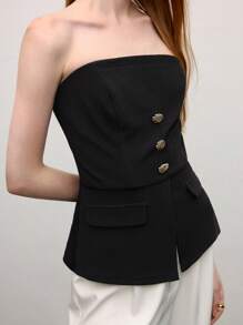 BizChic Blusa escotada elegante de mujer con hebilla de metal negra, apta para uso diario, trabajo, citas y vacaciones, para primavera/verano