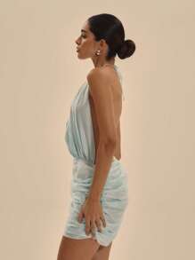 MUSERA Ruched Halterneck Draped Bodice Drop Waist Cut Out Back Chiffon Mini Dress Spring Summer Elegant Vacation Club Occasion Cute Sexy Romantic - Blue - View 2