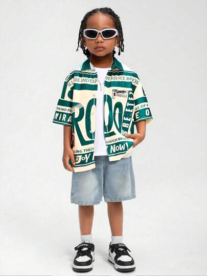 SHEIN 日韩青春男童休闲街头宽松休闲数字涂鸦图案短袖衬衫适合青春男童服装青春男童服装开学男童套装适合生日派对聚会演出婚礼洗礼开幕式适合日常穿着适合上学适合旅游适合春夏运动