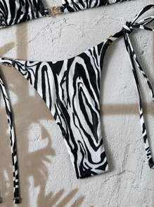 Swim Vcay Trang phục đi biển mùa hè cho phụ nữ, kỳ nghỉ xuân 2025 Bộ bikini 2 mảnh họa tiết hoa ngẫu nhiên, áo tam giác hở lưng và buộc dây bên hông - Đen và trắng - Xem 4