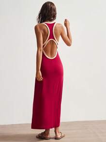 Bohemela 女式休闲度假风格拼色露背修身长款针织连衣裙 - 酒紅色 - 查看 6