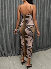 SOLERSUN 女士条纹印花长款修身吊带连衣裙（印花图案随机）适合新年服装长款女装 - 棕色 - 查看 2