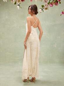 L'Amorae Elegant Floral Print Drape Neck Sleeveless Slip Maxi Dress With Side Slit, Wedding Guest Dress, Summer Outfits For Women - Apricot - View 4