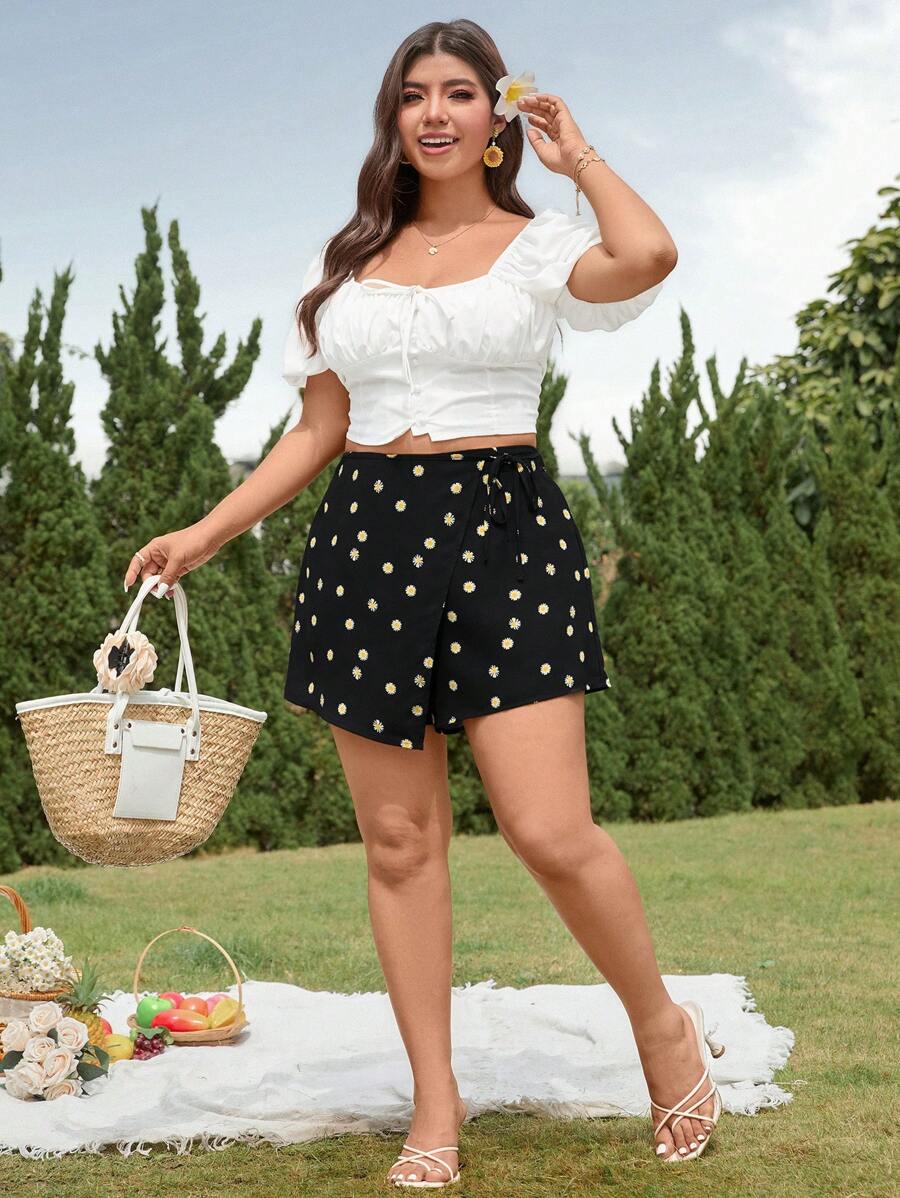 SHEIN CURVE+ Women Plus Size Chrysanthemum Pattern Lace-Up Asymmetrical Skort - Multicolor - View 1
