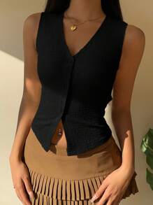 SHEIN EZwear 夏季黑色针织纹理 V 领前纽扣背心