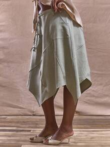 MUSERA Midi-Rock in Große Größen mit Bindeband an der Taille, Patchwork-Naht und Zipfelsaum, süß, elegant, für Festivals und Feiertage, aus Leinen, klassisch, lässig, für den täglichen Gebrauch, Büroalltag, formell, graziös, für Brunch im Herbst, Winter, Herbst