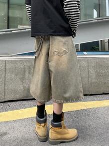 PAVTROS 男士休闲水洗阔腿牛仔短裤 - 銅色 - 查看 2