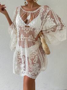 SHEIN Swim Váy che phủ rộng rãi thêu hoa bằng lưới mỏng cho nữ khi đi nghỉ - Màu be - Xem 5