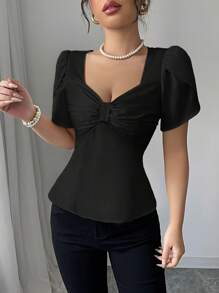 Elenzga 女士优雅法式蝴蝶结装饰褶皱腰缎面衬衫，带蝴蝶花瓣袖，适合通勤、休闲、度假和情人节 - 黑色 - 查看 4