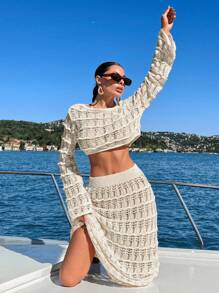 EURMUSE Crochet Knit Hollow Out 2pcs Cover Up Set, For Summer Beach Vacation - Beige - View 7