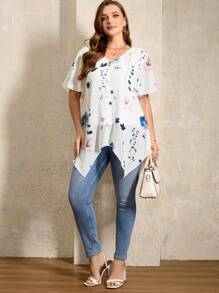 EMERY ROSE Plus Size Women's Floral Print Asymmetric Hem V-Neck Button Up Blouse With Lining - White - View 7