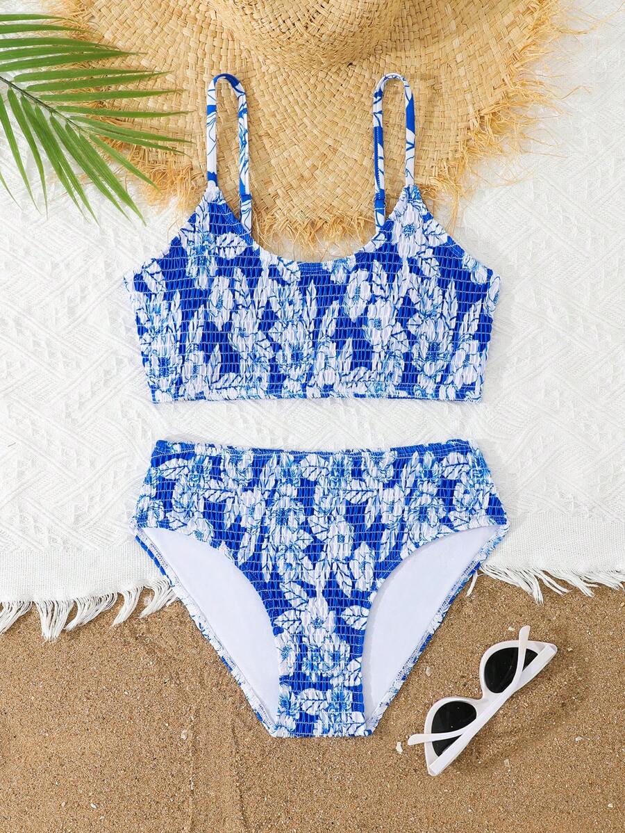 2pcs/Set Teen Girls Blue Floral Print Bikini Swimsuit Set - Blue and White - View 1