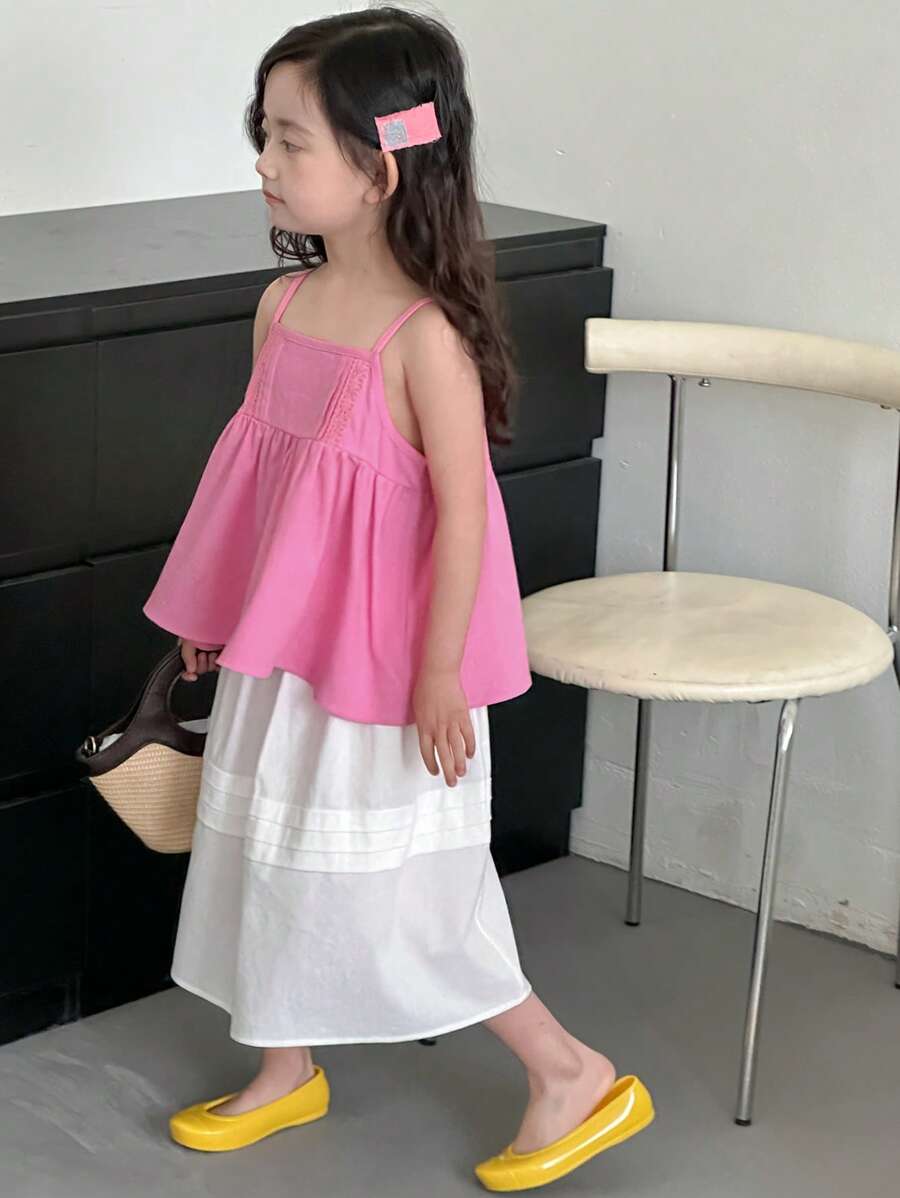 DAZY 2pcs/Set Young Girl Woven Camisole Blouse And Skirt Set, Summer Vacation - Rose Red - View 1