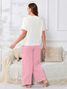 Plus Size Women Two Pieces Pajama Set , Contrast Color Short Sleeve Top And Pants, Outfits - Pink - View 3