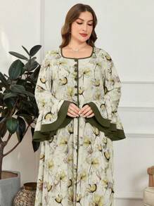 Al Najma 大码花卉拼布喇叭袖装饰纽扣前开襟连衣裙，浪漫