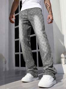 ROMWE MEN Street Life Men's Rhinestone Embellished Straight Cut Casual Versatile Jeans - Grey - View 1
