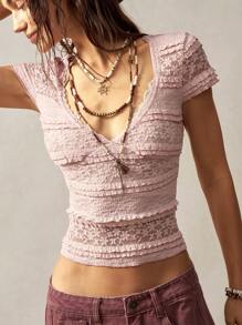 Bohemela 夏季休闲度假波西米亚风格纯色蕾丝针织短袖修身女式 T 恤 - 粉色 - 查看 4