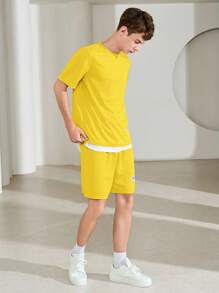SHEIN 2pcs/Set Teen Boys' Casual Loose Comfortable Graphic Decorated Short Sleeve Top And Shorts Set, Suitable For Spring/Summer - Yellow - View 8