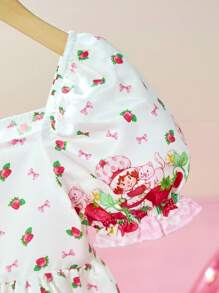 Strawberry Shortcake X SHEIN Vestido corto de manga corta blanco con estampado de flores y fresas, dulce y con diseño de dibujos animados, para niñas jóvenes - Blanco - Ver 5