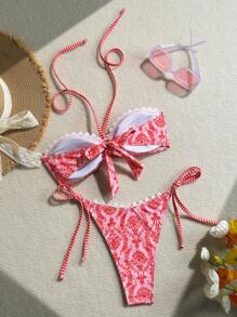 SHEIN Swim Minimalist Floral Printed Random Padded Chest Top And Slim Side Strap Triangle Bikini Bottom, For Summer Beach Vacation - Multicolor - View 2