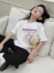 Dazy Kids 2 peças/Conjunto Camiseta de Malha de Gola Redonda Estampada + Calça Pantalona de Malha Larga Loungewear para Meninas, Primavera/Verão, Roupas de Volta às Aulas