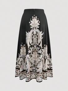 SHEIN LUNE 女士休闲腰果印花后背拉链设计优雅 A 字裙 - 彩色 - 查看 2