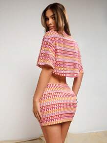 COSMINA 2pcs Women Set: Bat Print Short Sleeve Cropped Top And Body-Hugging Mini Skirt - Multicolor - View 2