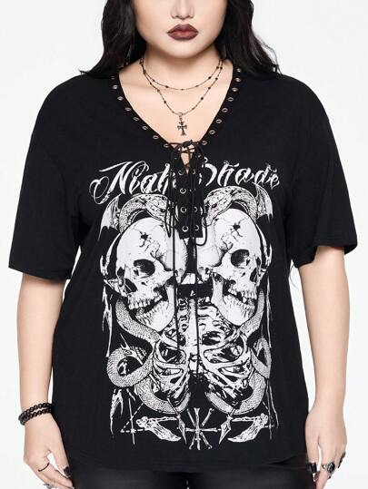 Goth Camiseta de manga corta con cuello en V y cordón de talla grande con estampado gráfico de calavera y patrón de piel de serpiente